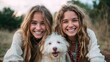 © Pinklife - Two joyful twin girls pose warmly with their fluffy white puppy, showcasing the innocence and connection between children and their beloved pets in a natural setting.
