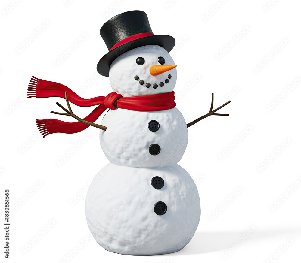A snowman with a red scarf and black hat, standing on a png transparent.