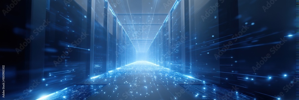Futuristic digital data corridor with blue light streaks in a server ...