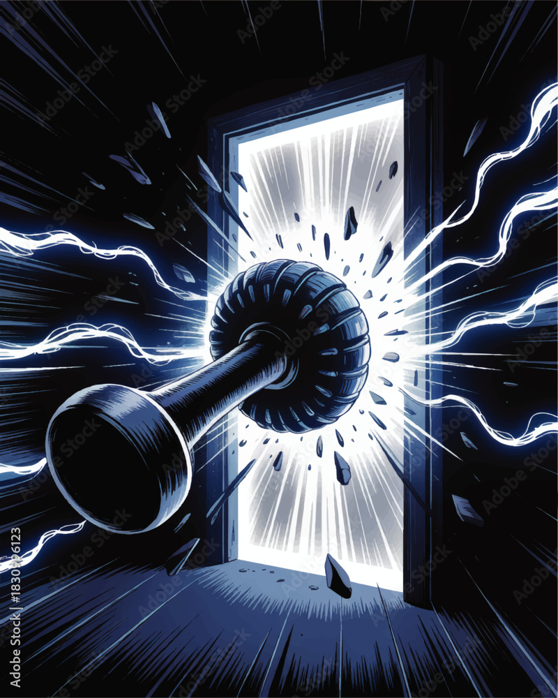 Exploding Side Door Exploding door knob with energy burst and glowing light, dramatic ...