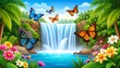 © Prap - Cartoon tropical scene with a waterfall, lush foliage, colorful flowers, and various fluttering butterflies