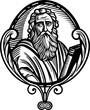 © smth.design - ancient wise man portrait in ornate circular frame vintage engraving black and white illustration