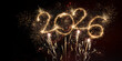 © Corri Seizinger - happy new year, new year's eve, silvester, new year, celebration greeting card, new year card - Year 2026 in sparkler font and firework fireworks pyrotechnic, isolated on black night sky background