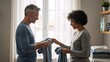 © Alex_Kalin - Happy middle aged interracial couple folding clean clothes together at home. Smiling man and woman sharing household chores in the laundry room. Domestic partnership and equality concept