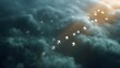 © Thares2020 - A flock of white arrow shapes flies through dark dramatic clouds under illuminating sun rays symbolizing progress and direction