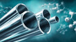 © Sergej Gerasimov - Shiny metallic pipes grouped together with molecular structures on a blue gradient background representing industrial chemistry and technology concepts