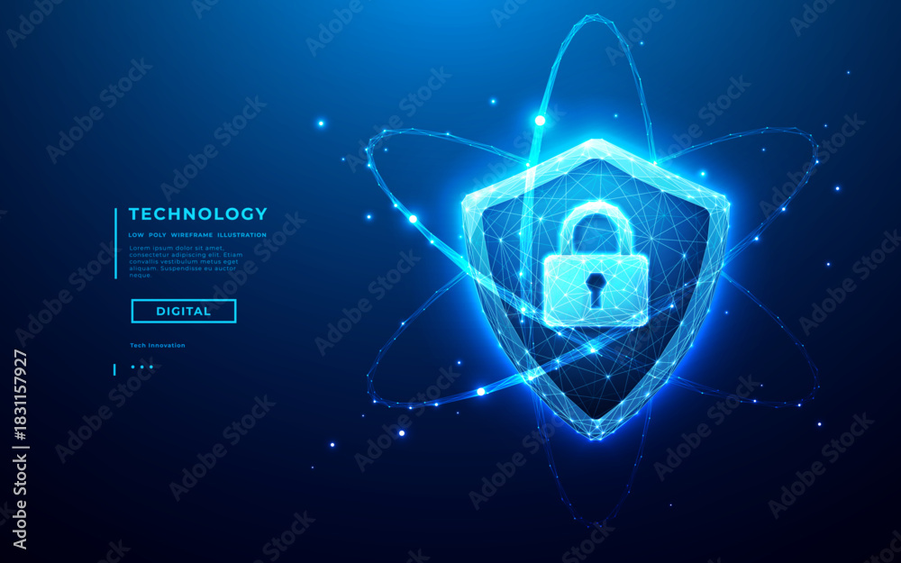 Cyber security concept. Digital shield icon with lock symbol glowing in ...