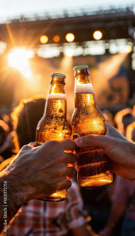 Cheers to good times! two hands clink bottles of beer against a vibrant sunset backdrop at a lively outdoor event.