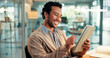 © P2000/peopleimages.com - Employee, scroll and man with tablet, office and planning for article on web, online and journalism. Creative, editing and person with tech for story, reporter and preparing for magazine publication