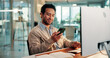 © P2000/peopleimages.com - Reading, smartphone and business man in office for communication, schedule post and campaign. Mobile, social media marketer and person in workplace for ad notification, sponsorship review and smile