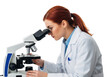 © shahida  - Focused female scientist in a white lab coat meticulously examining a specimen under a high powered microscope isolated on transparent background