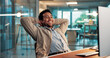 © peopleimages.com - Computer, relax and smile with business man at desk in office for complete task or satisfaction. Done, hands behind head and PC with happy employee in workplace for planning, research or stretching