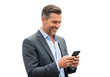 © shahida  - Smiling businessman in a suit holding and texting on a smartphone with a pleasant expression isolated on transparent background