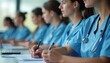 © Pete - Young female nursing students in blue scrubs take notes in modern classroom setting. Focus intently on studies, learning essential healthcare skills. Future medical professionals prepare for