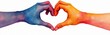 © Pete - Two different human hands form heart shape. One hand blue, purple, hand orange, red. Vibrant watercolor art illustrates strong love, unity, friendship, partnership, deep care. People share positive