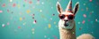 © Pete - Celebratory illustration shows llama wearing party hat and red sunglasses. Confetti falls around funny animal. Image creates cheerful mood for party invitation, greeting card or kids design project.