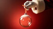 © xuxu - Santa hand holding snow-covered transparent Christmas ornament. Holiday decoration for festive season greetings and celebration.