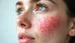 © Pete - Close up female face with red irritated skin. Shows rosacea condition cheek and nose area. Pustules and inflammation visible. Focus on facial skin problems and dermatology.