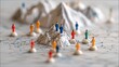 © Kevin - A conceptual image featuring miniature figures on mountain peaks connected by a network of lines, representing teamwork and connection.