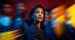 © Parisa - Confident Indian American businesswoman in sharp focus while colleagues blur by in vibrant neon red blue yellow tones