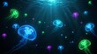 © sugeng - Bioluminescent Jellyfish Glow in Dark Ocean Depths with Vibrant Colors and Light Rays.