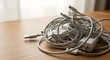 © antuanetto - Close-up of a disorganized pile of tangled white chargers and USB cables on a wooden desk for modern technology clutter concept and digital mess