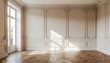 © Fitra - Elegant sunlit empty room in a classic Parisian style apartment with white boiserie walls and herringbone parquet floor
