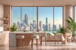 © Saka - Luxury kitchen with panoramic city view, featuring island, dining area, and minimalist decor