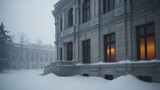 A snow-covered building exudes historical charm amid a winter wonderland. Its facade, dusted with snow, hints at stories within, while the soft light inside gives warmth.