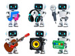 © Unlimited - Collection of Playful robot musicians with instruments for kids' entertainment, music education, and futuristic band concepts, perfect for creative projects and imaginative storytelling