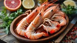 Fresh, cooked crustaceans served on a wooden platter alongside herbs and citrus fruits
