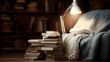 © James - Cozy Reading Nook: A warm, inviting corner for reading features a stack of books, a comfortable blanket, and a softly lit lamp.