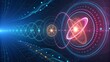 © MstRina - Abstract digital visualization of quantum physics concept showing atomic structure with glowing orbits and interconnected data streams in a futuristic blue light tunnel