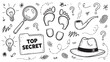 © Mr. Stocker - Hand-drawn detective doodle collection featuring a magnifying glass, top secret folder, footprints, and fedora hat in a black and white sketch style for mystery concepts