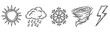 © Mr. Stocker - Set of hand-drawn weather icons including a sun, rain cloud, snowflake, tornado, and lightning bolt, all illustrated in a simple black and white sketch doodle style
