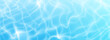 © klyaksun - Pool water texture with rippling surface patterns and shimmering caustic reflections. Blue liquid background with realistic wave effects, sunlight overlay and aquatic elements for summer graphics.