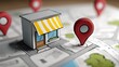 © Studio Zenith - Concept de commerce local avec boutique miniature et marqueurs sur carte