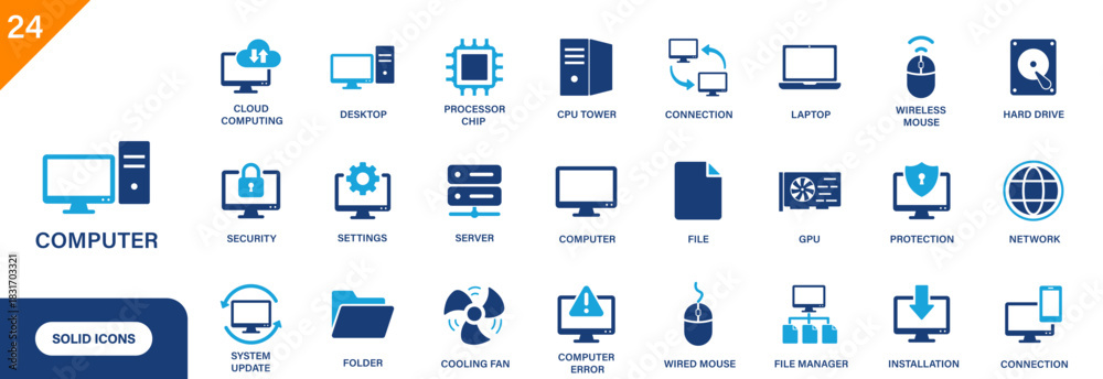 Computer icon. Including desktop, processor chip, cloud computing, hard ...