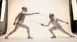 © David - Two fencers in white protective gear duel with swords in a dynamic lunge pose during a competitive match inside a brightly lit professional photo studio with softboxes