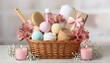 © David - Wicker spa gift basket filled with bath bombs, body care products, a towel, and a wrapped present decorated with pink alstroemeria flowers and lit candles on a light background