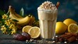 © horizon - creamy date and banana smoothie in a tall glass is topped with coconut flakes and a whole date near cinnamon sticks on a dark wood table.