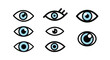 © Marufa - Set of eight stylized eye icons in a simple black outline style with light blue irises, isolated on a clean white background.