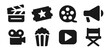 © top dog - Cinema icon collection in black. Includes clapperboard, ticket, film reel, megaphone, video camera, popcorn, play button and director chair