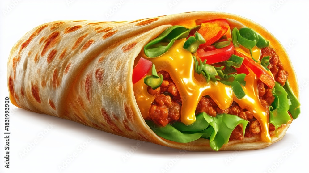macro cross-section of a stuffed Mexican burrito, juicy fillings ...