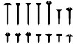 © ilhammaurice - Set of Black Silhouette Icons Featuring Various Types of Nails, Screws, and Fasteners, Including Wood Screws, Flat Head, Round Head, and Tacks for Construction and DIY Concepts.