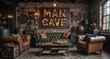 © KarpenArt Studio - cozy vintage man cave interior with leather chesterfield sofas and a chess set on a rustic coffee table.