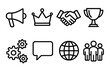 © peppastocker - Leadership Icons Montage. Leadership Energy linear icon set: megaphone, crown, handshake, trophy, gears, speech bubble, globe, team