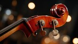 Swing Band Vibe Close-up of String Instrument Scroll Against Warm Bokeh