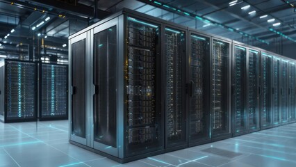  Rows of sleek, metallic server racks illuminate a modern data center with glowing blue lines on the floor, suggesting high-tech infrastructure and digital processing power