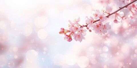 Naklejka na meble Cherry tree branch with pink blossoms and buds in selective focus, emphasizing seasonal flowering
